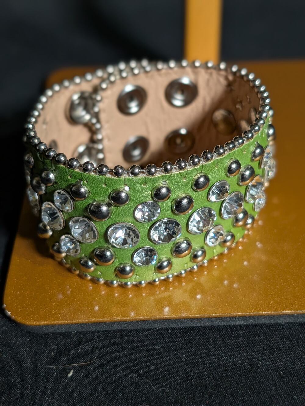 Y2K Lime Green Rhinestone Studded Wide Snap Cuff Bracelet McBling Glam Punk